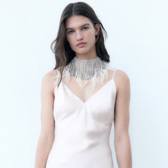 NWOT. Zara Feather Rhinestone Fringe Choker Necklace. - Picture 1 of 8